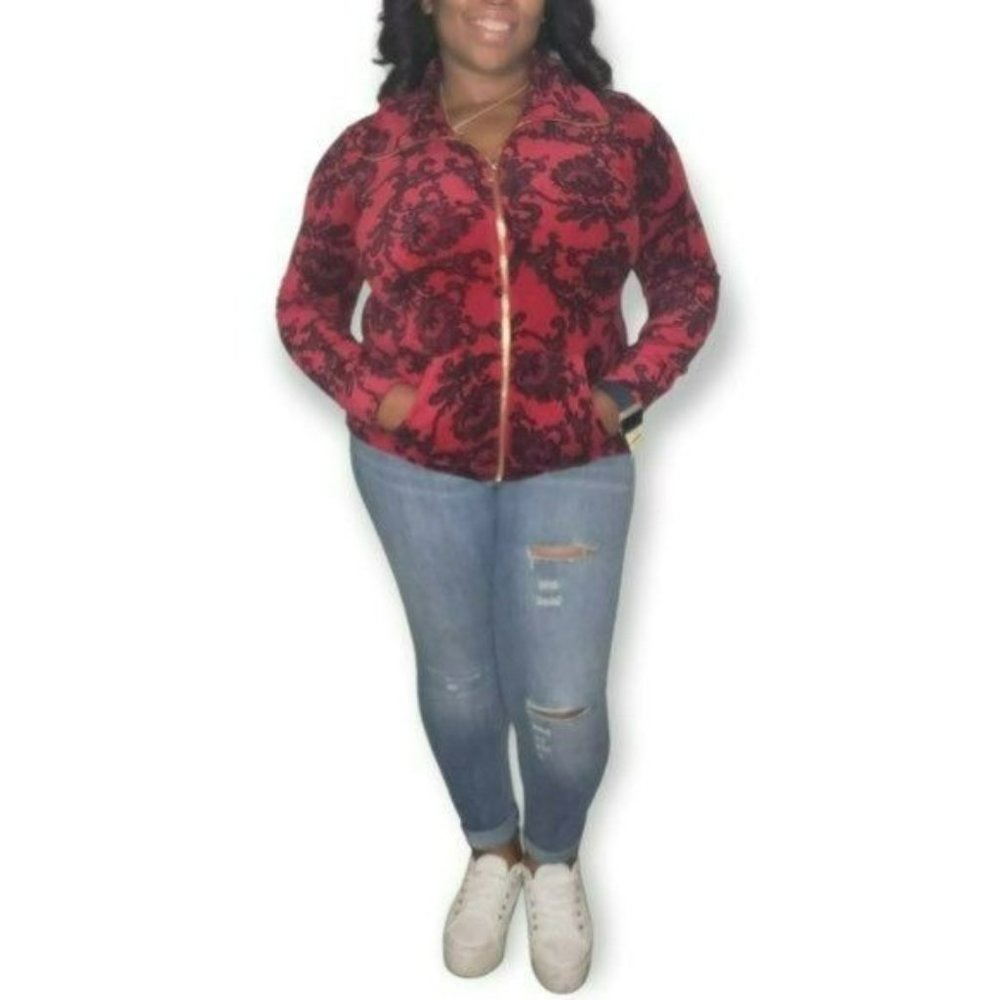 Style & Co Sport Red Floral Velvet Jacket Sz M